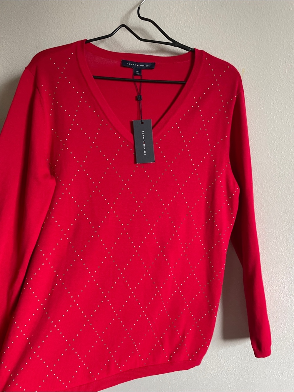 NWT-Tommy Hilfiger Women's Bright Red V-Neck Studded Sweater